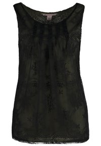 Top sin mangas negro de encaje con patrones florales y un escote redondo, etiquetado como Anna Field tamaño 36.