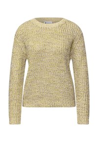 Pull tricoté chiné jaune et gris avec manches longues et encolure ronde, texture tricotée et poignets et ourlet côtelés.