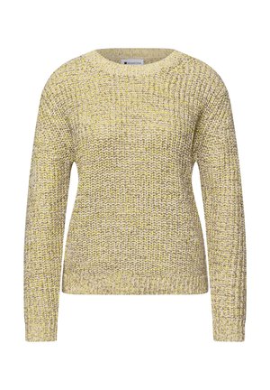 Żółto-szary sweter dzianinowy o splocie melanżowym, z długimi rękawami i okrągłym dekoltem, o fakturze dzianiny oraz ściągaczach na mankietach i u dołu.