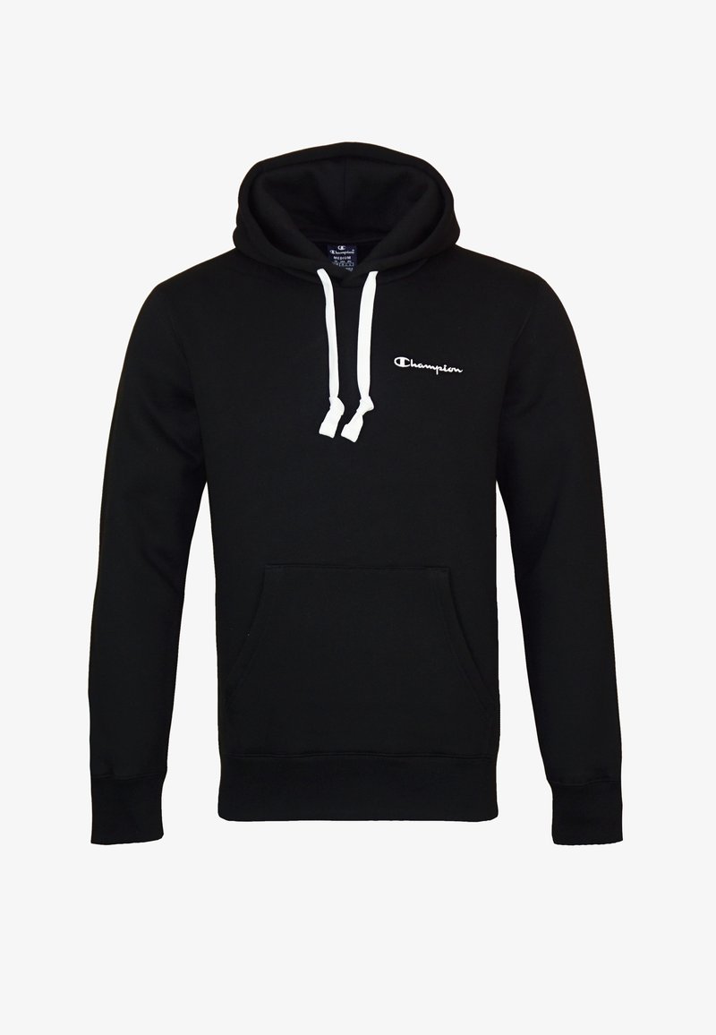 Sweat à capuche noir Champion avec cordons blancs, poche kangourou à l'avant, et petit logo brodé sur la poitrine gauche.