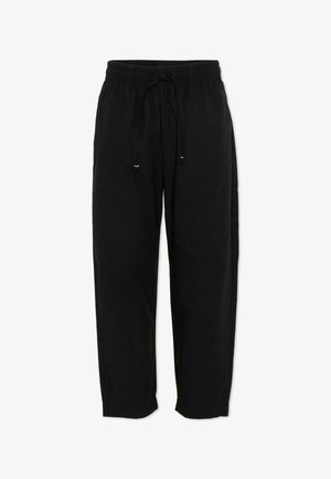 Pantalon décontracté noir avec ceinture élastique et cordon de serrage, coupe droite et design simple.