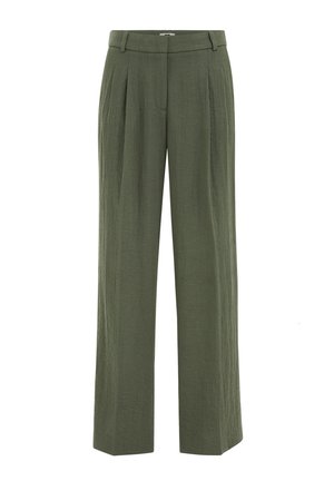 Olivovo zelené široké nohavice s vysokým pásom, skladmi, pútkami na opasok a skrytým predným zapínaním.