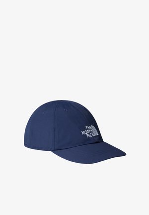 Navy cap made of lightweight fabric featuring a curved brim, embroidered logo on the front, and six-panel design with ventilation holes.
