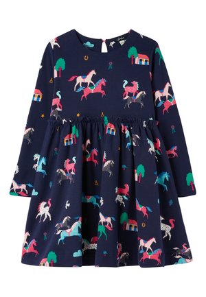 Vestido azul marino de manga larga con falda fruncida, con estampados coloridos de caballos y naturaleza, hecho de tela suave, con cierre de botón en la espalda tipo ojo de cerradura.