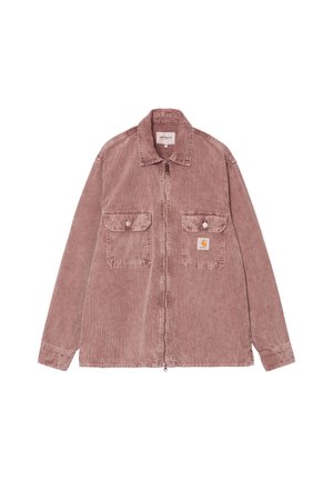 Støvrosa lynlåstrøje med to forreste brystlommer med knapper, krave og Carhartt-logo på højre lomme.