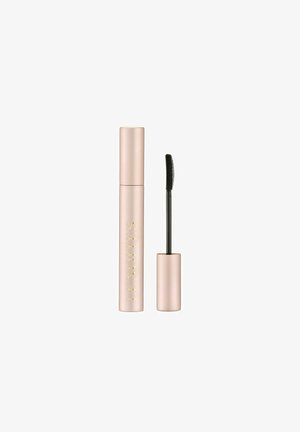 Roze gouden mascara tube met "LENOITES" in reliëf; naast zich heeft het een zwarte, borstelachtige applicator. Compact en slank ontwerp voor gemakkelijke hantering.