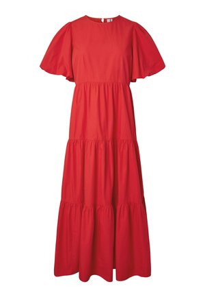 Punainen midimittainen mekko, jossa liehutetut lyhyet hihat, pyöreä pääntie, kerätty vyötärö ja kerroksittainen hame.