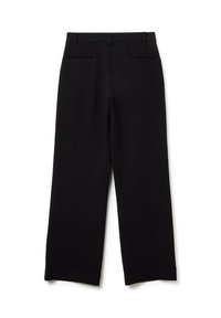 Zwarte wijde broeken gemaakt van een gladde stof, met twee achterzakken en een strakke tailleband, geschikt voor zowel casual als formele kleding.