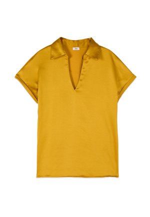 Korte mouwen mosterdgele blouse met V-hals en kraag, gemaakt van gladde stof, plat liggend op een witte achtergrond.