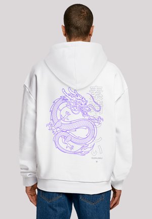 White hoodie featuring a large purple dragon graphic on the back, with intricate detailing and Asian script accents. Soft fabric, relaxed fit.