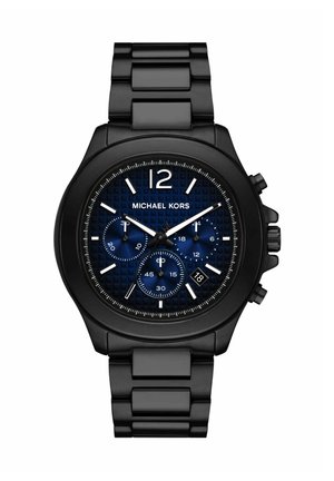 Schwarze Metallarmbanduhr von Michael Kors mit blauem strukturiertem Zifferblatt, drei Hilfszifferblättern, weißen Stundenmarkierungen und Datumsanzeige bei 4 Uhr.