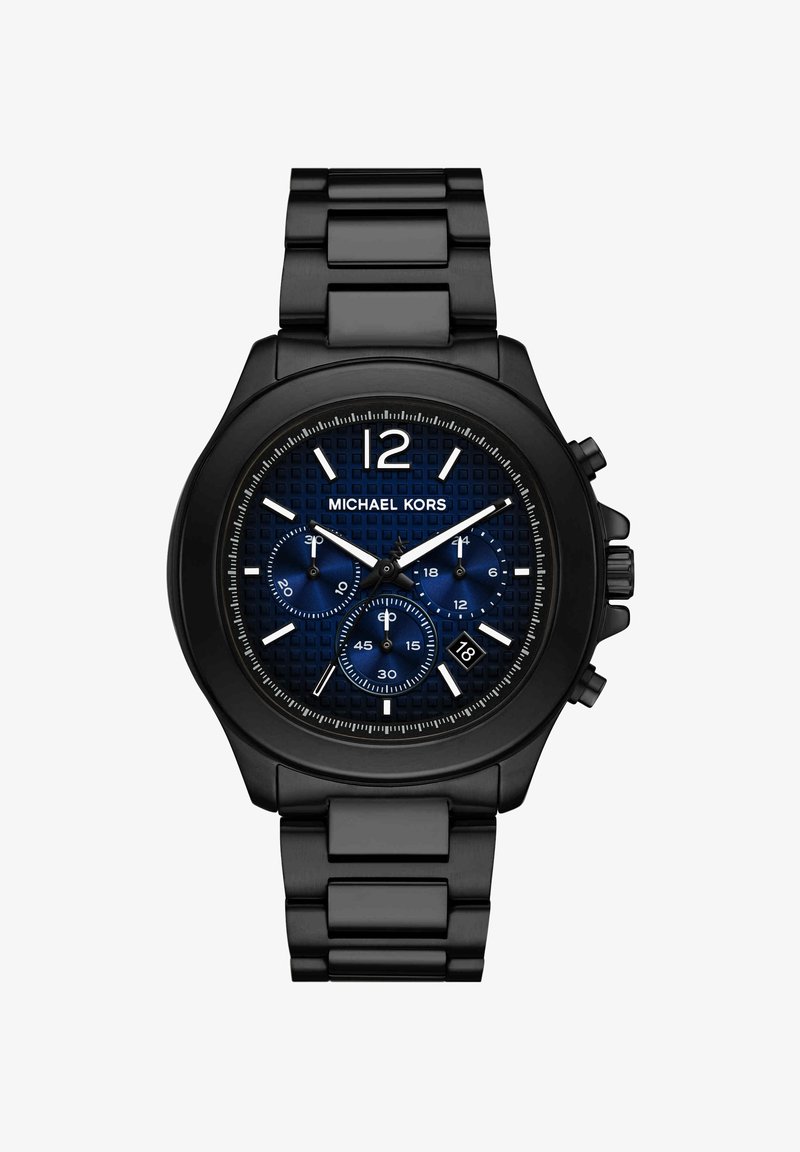 Czarny metalowy zegarek Michael Kors z niebieską fakturowaną tarczą, trzema subtarczami, białymi indeksami godzin i wyświetlaczem daty o godzinie 4.