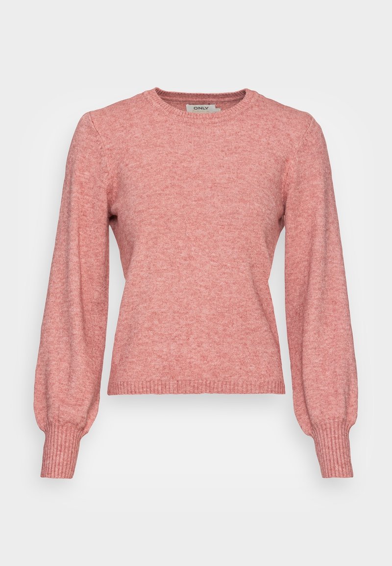 Pull rose pâle à manches longues avec poignets et ourlet côtelés, encolure ronde et tissu tricoté légèrement texturé.