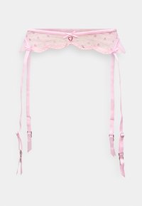 Ζώνη ζαρτιέρας από ροζ δαντέλα με οδοντωτή δαντελένια άκρη, διακοσμητική λεπτομέρεια σε σχήμα καρδιάς και ρυθμιζόμενους σατέν ιμάντες. Μαλακή υφή με λουλουδάτο σχέδιο.