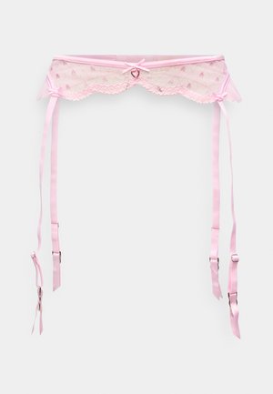 Rosa Spitzen-Strumpfhalter mit gezacktem Spitzenrand, dekorativem Herzdetail und verstellbaren Satinriemen. Weiche Textur mit Blumenmuster.