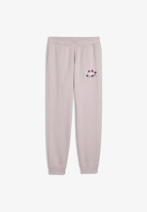 Lyse lilla joggingbukser med elastisk talje og manchetter, med et lille blomsterdesign og "Puma" logo på venstre lår.
