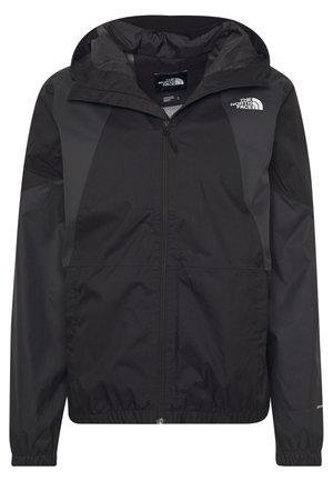 Sort vindjakke med hætte, der har grå skulderpaneler, lynlås foran, elastiske ærmekanter og en indsnøret kant forneden. Logo på brystet.