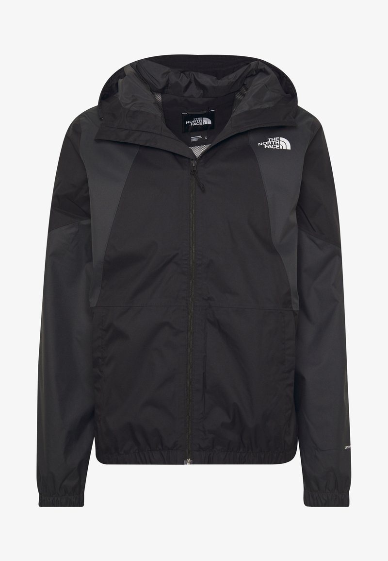 Veste coupe-vent noire avec capuche, panneaux gris aux épaules, fermeture éclair à l'avant, poignets élastiques et ourlet resserré. Logo sur la poitrine.