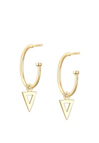Guld hoops øreringe med en trekantet vedhæng. Designet har en glat, skinnende overflade og en minimalistisk geometrisk form.