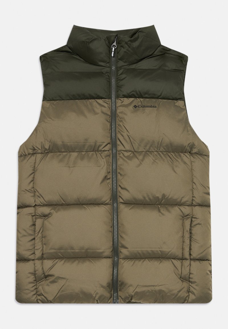 Roheline pufferkindel kõrge kaelusega, millel on esiosa tõmblukk ja trapetsikujuline tekstuur. Ülemine osa on tumedamat roheline ja alumine osa heledam varjund.