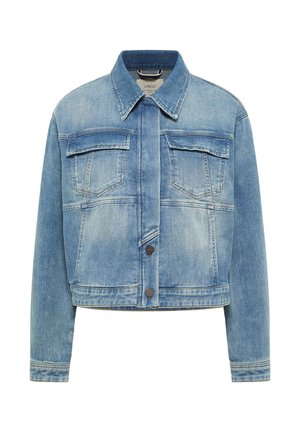 Light blue cropped denim jacket with long sleeves, front flap pockets, and two visible front buttons.