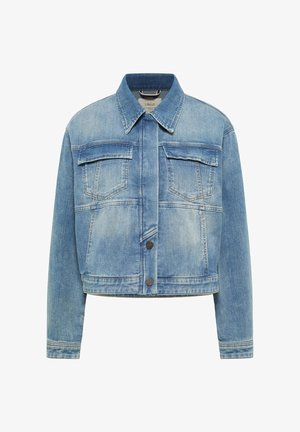 Light blue cropped denim jacket with long sleeves, front flap pockets, and two visible front buttons.