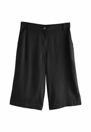 Short noir mi-longueur genou avec fermeture boutonnée, passants pour ceinture et poches latérales, posé à plat sur un fond blanc.