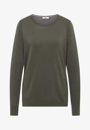 Olivengrøn langærmet rundhalset sweater med en fin strikket tekstur og ribstrikkede manchetter og kant.
