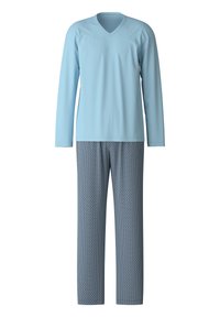 Haut bleu clair à manches longues et col en V associé à un pantalon bleu à motifs avec un design ondulé. Les deux sont en tissu doux et respirant.