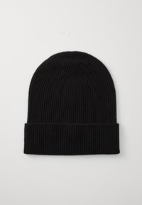Black knit beanie hat with a ribbed texture, featuring a rolled cuff at the bottom. The design is simple and smooth, without patterns.
