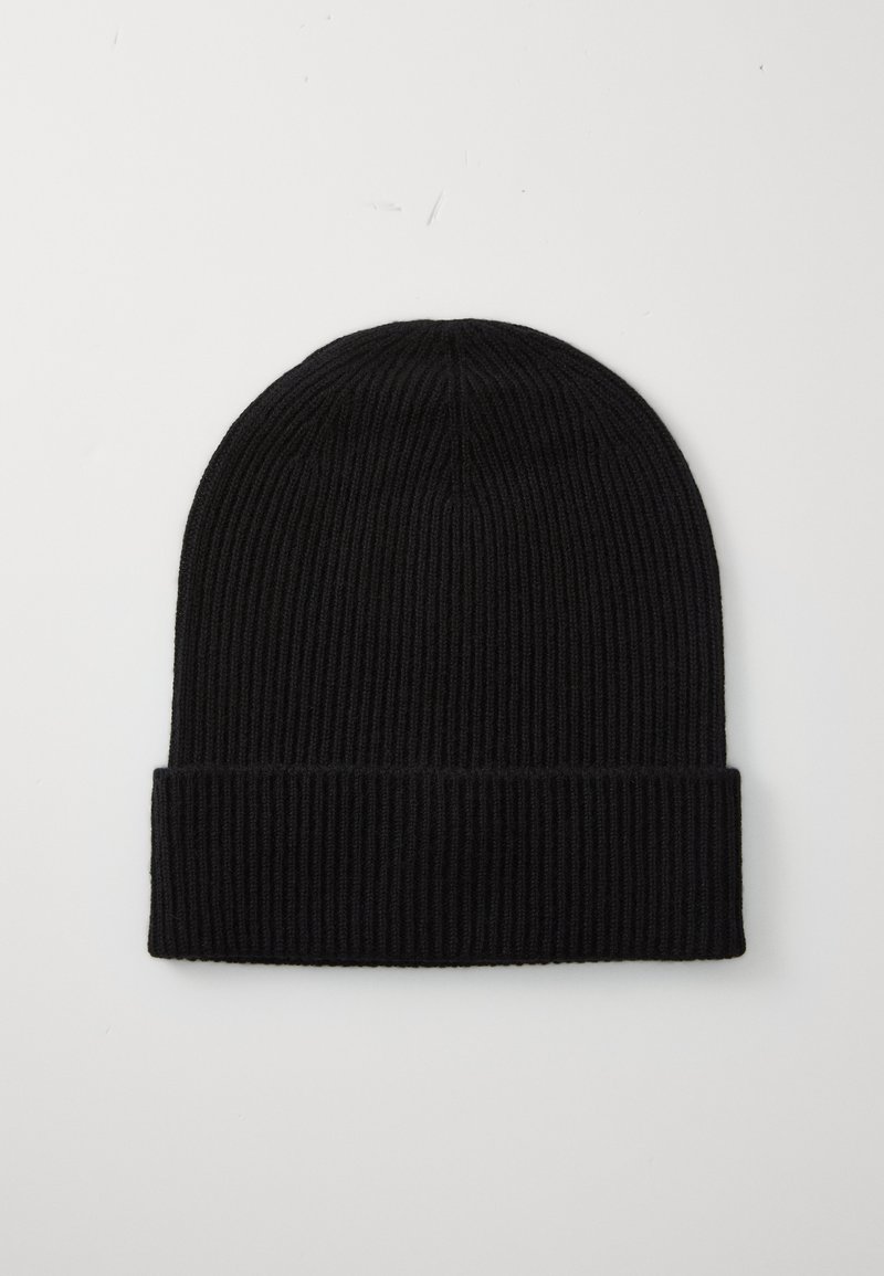 Black knit beanie hat with a ribbed texture, featuring a rolled cuff at the bottom. The design is simple and smooth, without patterns.