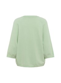 Pull vert clair à manches longues avec une coupe décontractée, encolure arrondie et manches raglan ; texture lisse et détail d'ourlet incurvé.