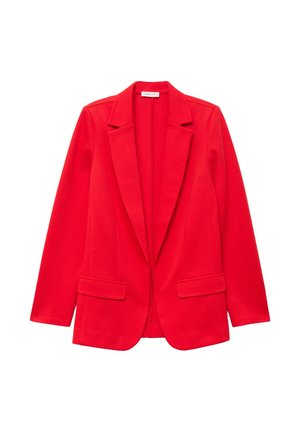 Rød blazer med skræddersyet design, spidse revers, to forlommer og en glat stofstruktur. Åben front med en minimalistisk stil.