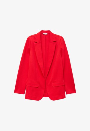 Rød blazer med skræddersyet design, spidse revers, to forlommer og en glat stofstruktur. Åben front med en minimalistisk stil.