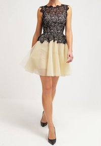 Corsage en dentelle noire à motif floral, design sans manches, assorti à une jupe courte en tulle crème transparente. Fini avec des talons noirs.