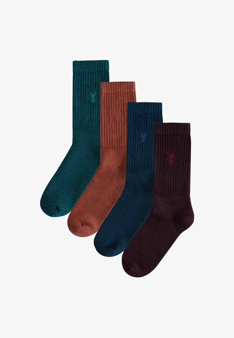 Vier Paar Socken in grün, braun, blau und dunkelburgunder. Rippstruktur mit einem kleinen gestickten Design in kontrastierenden Farben.