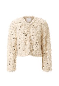 Cream-colored cropped jacket with a fuzzy texture, adorned with scattered sequins, featuring long sleeves and a round neckline.
