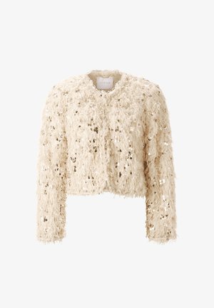 Crème kleurige cropped jas met een fuzzy textuur, versierd met verspreide pailletten, met lange mouwen en een ronde halslijn.