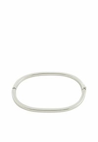 Silver bangle bracelet, oval shape, smooth metallic finish, with a seamless hinge for closure. Lightweight and minimalistic design.