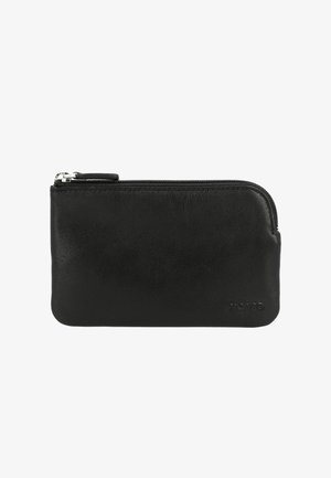 Black leather wallet with a smooth texture, zip closure, and rounded edges, featuring a subtle embossed brand logo.