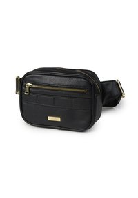 Borsa a tracolla in pelle nera con superficie testurizzata, due scomparti con zip e un accento in metallo dorato. Design rettangolare compatto.