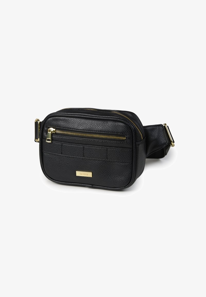 Borsa a tracolla in pelle nera con superficie testurizzata, due scomparti con zip e un accento in metallo dorato. Design rettangolare compatto.