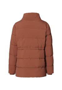 Pufferjack in roestkleurige stof, met horizontale stiksels, een hoge kraag en elastische boorden. Gladde textuur met een gewatteerd ontwerp.