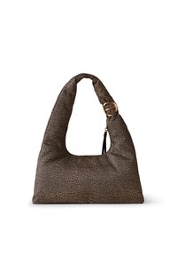 Soft fabric handbag with a unique textured pattern in dark brown and beige. Features a rounded handle and a gold ring accent.