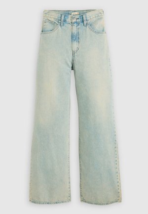 Light blue denim wide-leg jeans feature a high waist, faded finish, five-pocket design, and straight-cut legs with a raw hem.