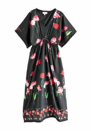 Black dress with a V-neckline and short sleeves, adorned with pink and red rose patterns, gathered at the waist with a tie.
