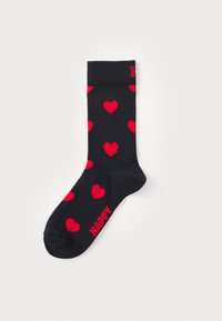 Navy cotton sock featuring red heart patterns throughout, with a ribbed cuff and the word "HAPPY" woven in red on the side.