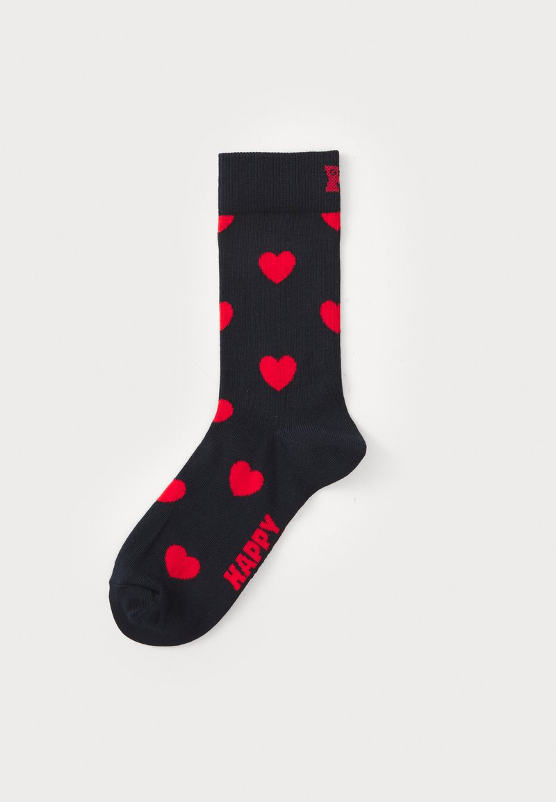 Navy cotton sock featuring red heart patterns throughout, with a ribbed cuff and the word "HAPPY" woven in red on the side.
