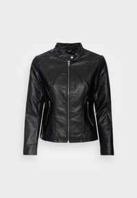 Black leather jacket with a stand-up collar, front zip closure, and two side zip pockets. Features tailored fit and smooth texture.