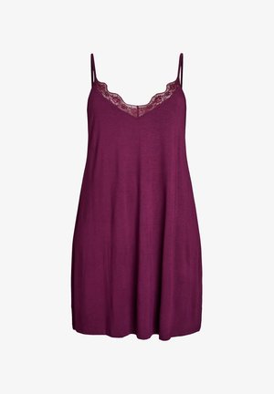 Purple slip dress with thin straps and a lace trim along the neckline. Soft fabric, flowing shape, and knee-length design.